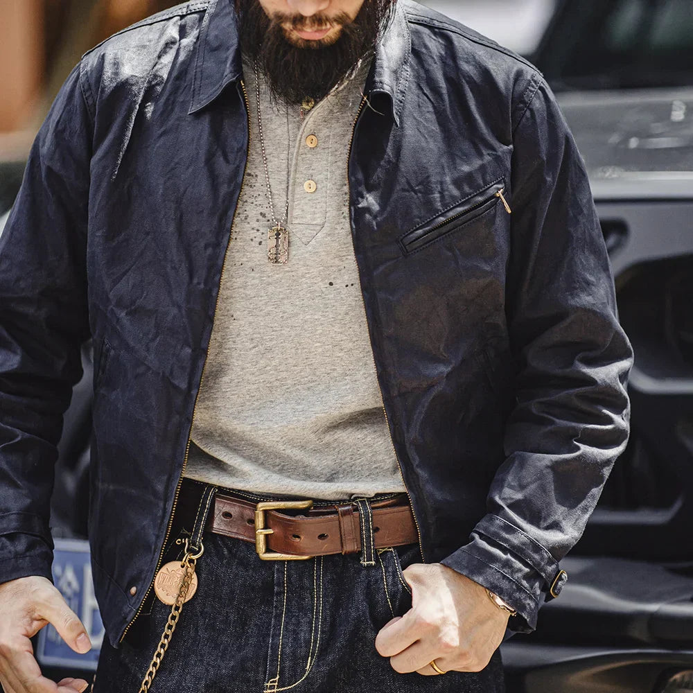 THOMS THREAD | Vintage-Herrenjacke aus gewachstem Canvas - IV-Design mit Reißverschluss und Reverskragen, kurzer Schnitt, schlanke Passform für Frühjahr & Herbst