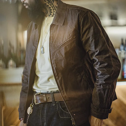 THOMS THREAD | Vintage-Herrenjacke aus gewachstem Canvas - IV-Design mit Reißverschluss und Reverskragen, kurzer Schnitt, schlanke Passform für Frühjahr & Herbst