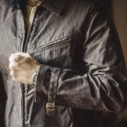 THOMS THREAD | Vintage-Herrenjacke aus gewachstem Canvas - IV-Design mit Reißverschluss und Reverskragen, kurzer Schnitt, schlanke Passform für Frühjahr & Herbst
