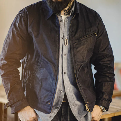THOMS THREAD | Vintage-Herrenjacke aus gewachstem Canvas - IV-Design mit Reißverschluss und Reverskragen, kurzer Schnitt, schlanke Passform für Frühjahr & Herbst