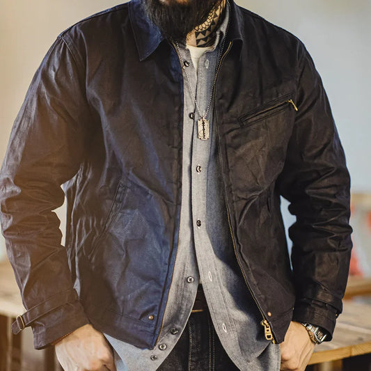 THOMS THREAD | Vintage-Herrenjacke aus gewachstem Canvas - IV-Design mit Reißverschluss und Reverskragen, kurzer Schnitt, schlanke Passform für Frühjahr & Herbst