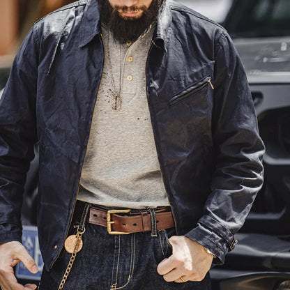 THOMS THREAD | Vintage-Herrenjacke aus gewachstem Canvas - IV-Design mit Reißverschluss und Reverskragen, kurzer Schnitt, schlanke Passform für Frühjahr & Herbst